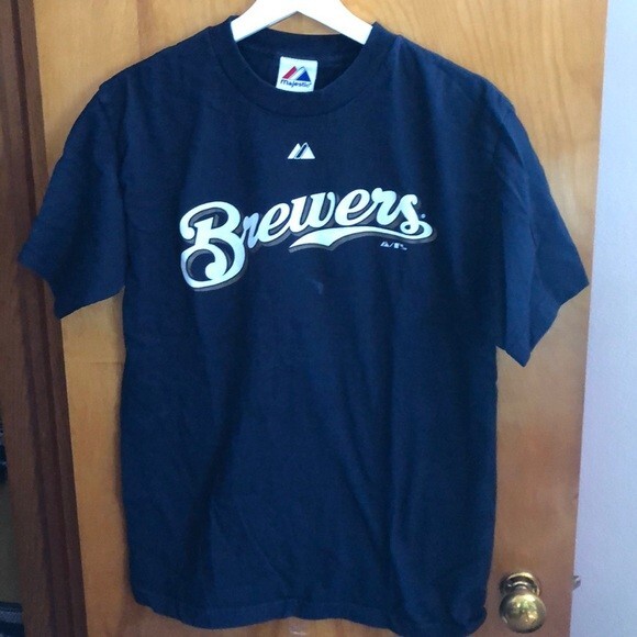 Milwaukee Brewers Navy Blue Short Sleeve Logo Shirt Medium Crew Neck Unisex MLB - Picture 1 of 4